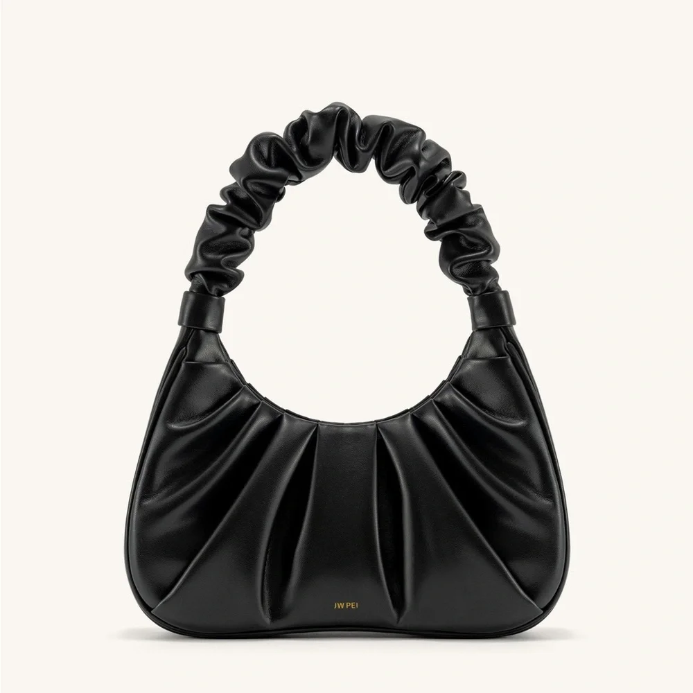 JW PEI Black Ruched Shoulder Bag with Gold Logo